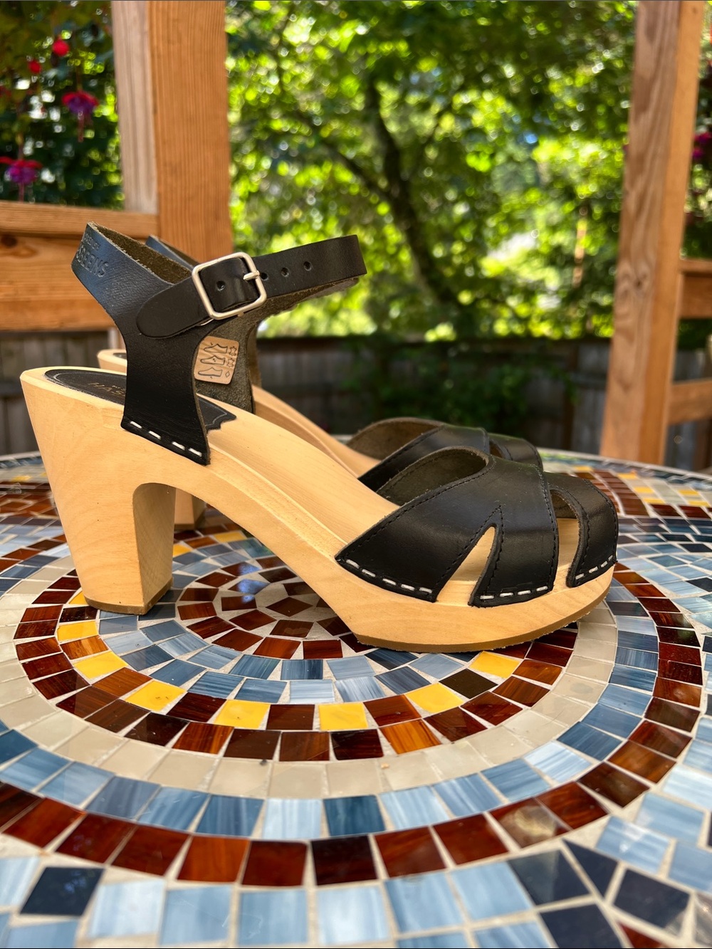 Swedish Hasbeens Black Leather Peep-Toe Platform Sandals